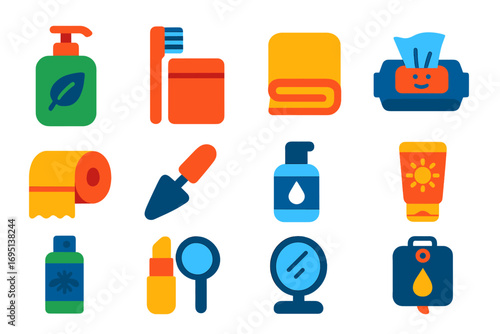 Camping Hygiene Essentials. Flat vector icons of camping hygiene: biodegradable soap, toothbrush kit, dry towel, face wipes,