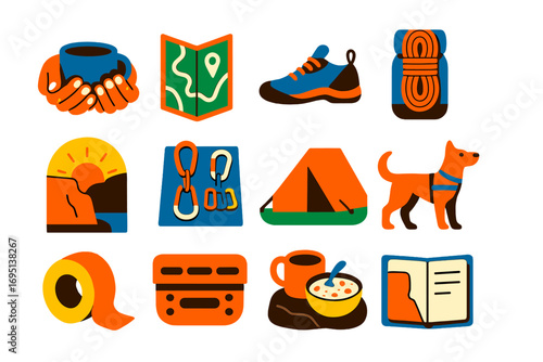 Climbing Lifestyle Icons. Flat vector icons of climbing lifestyle: coffee in chalky hands, topo map, approach shoes, rope coiled