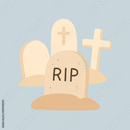 Stylized Illustration of Headstones in a Graveyard Setting, Featuring Crosses and an 'RIP' Inscription on a Central Tombstone