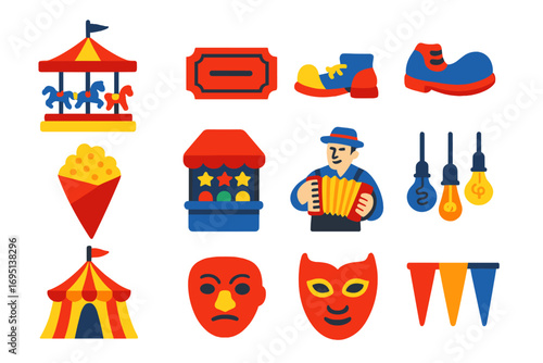 Vintage Carnival Icons. Flat vector icons of vintage carnival: old-style carousel, brass trumpet, classic ticket stub, vintage