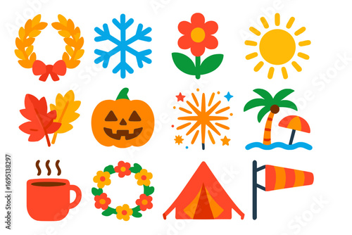 Seasonal Festival Icons. Flat vector icons of seasonal festivals: harvest wreath, snowflake icon, spring bloom, summer sun, autumn