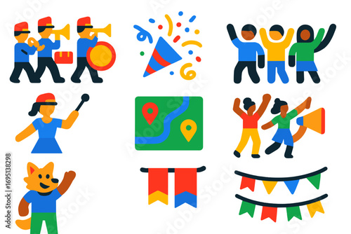 Parade Icons Set. Flat vector icons of parades: marching band, parade float, confetti blast, street crowd, baton twirler, parade