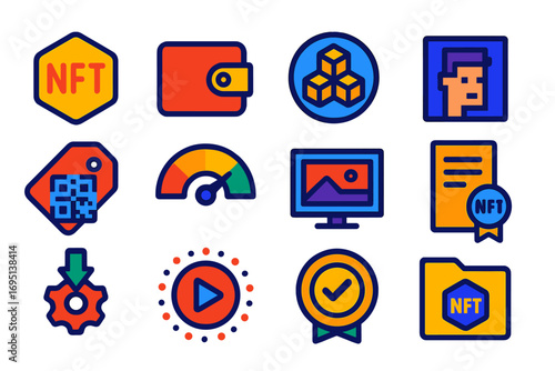 Digital Collectible Icons. Flat vector icons of digital collectibles: NFT icon, crypto wallet, blockchain badge, pixel art