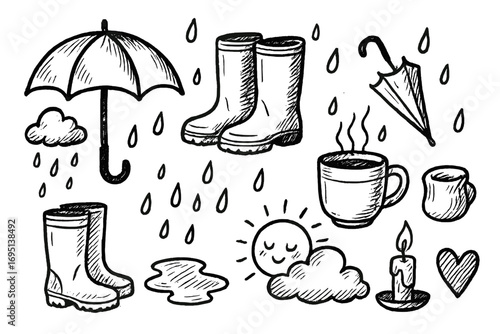 Rainy Day Icons. Rainy day doodle set: hand drawn icons for umbrellas, puddle boots, tea, and cozy vibes, isolated transparent