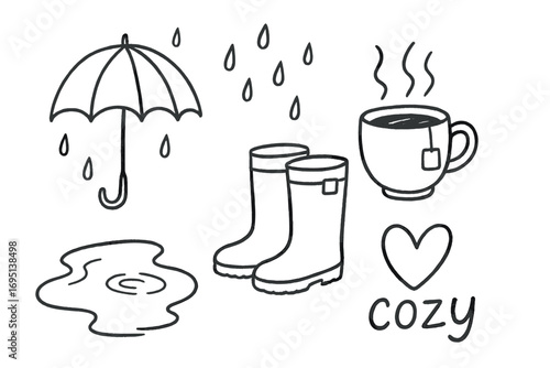Rainy Day Icons. Rainy day doodle set: hand drawn icons for umbrellas, puddle boots, tea, and cozy vibes, isolated transparent