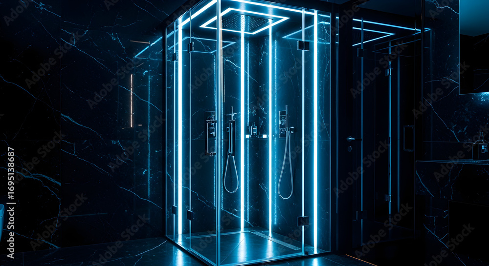 Obraz premium Luxurious Modern Bathroom Design Featuring Striking Illuminated Shower with Glowing Blue Lights