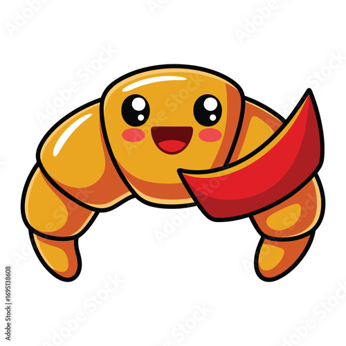 A cute croissant with a smiling face and a slice of ham, a delightful and charming breakfast illustration