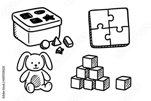 Toddler Toy Icons. Toddler toy bins doodle set: hand drawn icons for sorters, puzzles, soft toys, and stacking blocks, isolated