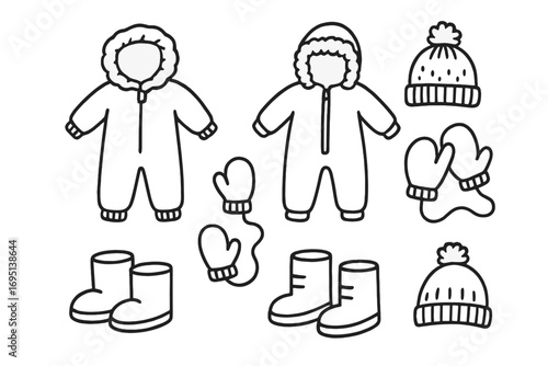 Snow Gear Doodle Set. Snow gear for toddlers doodle set: hand drawn icons for thermal suits, mittens, boots, and hats, isolated