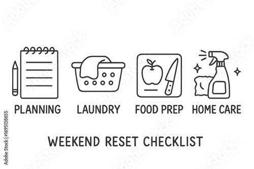 Weekend Reset Doodles. Weekend reset checklist doodle set: hand drawn icons for planning, laundry, food prep, and home care,