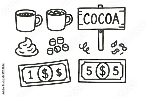 Children's Cocoa Stand Icons. Children’s cocoa stand doodle set: hand drawn icons for mini cups, signage, toppings, and play money