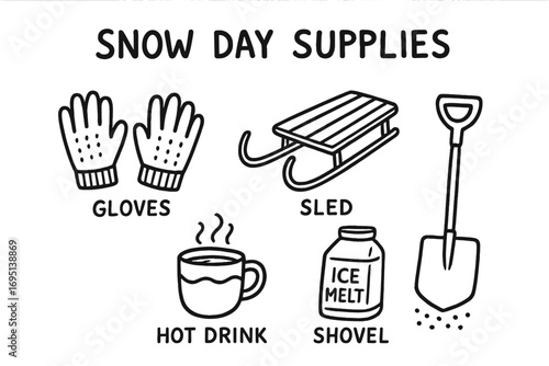 Snow Day Essentials. Snow day supplies checklist doodle set: hand drawn icons for gloves, sled, hot drink, shovel, and ice melt,