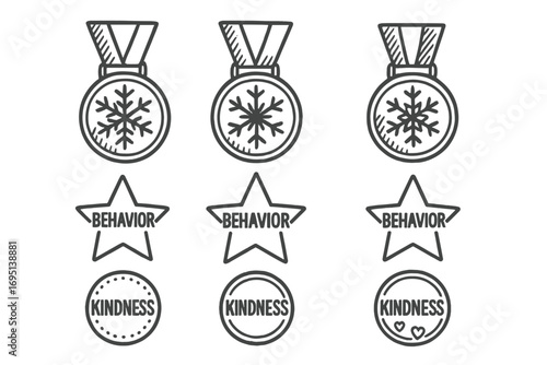 Holiday Reward Icons. Holiday reward badge system doodle set: hand drawn icons for snowflake medals, behavior stars, and kindness