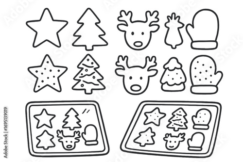 Holiday Cookie Doodle Set. Holiday cookie shape match game doodle set: hand drawn icons for sugar cookie outlines, frosted shapes,