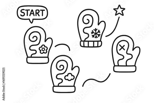 Mitten Maze Adventure. Kids mitten maze doodle set: hand drawn icons for start symbols, mitten paths, obstacles, and finish star,