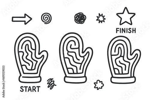 Mitten Maze Adventure. Kids mitten maze doodle set: hand drawn icons for start symbols, mitten paths, obstacles, and finish star,