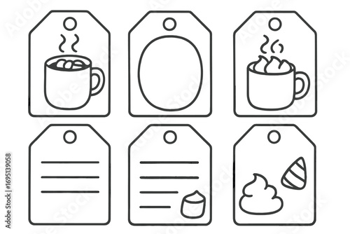 Cocoa Craft Tags. Printable cocoa craft tags for kids doodle set: hand drawn icons for mug drawings, message spaces, ribbon holes,