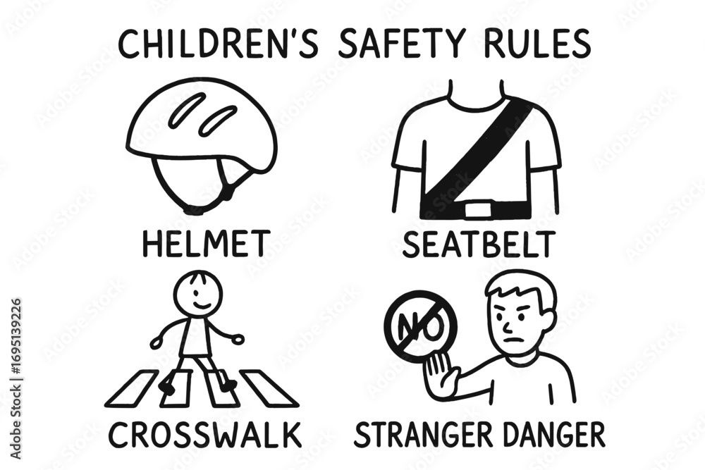 Fototapeta premium Safety Rules Doodles. Children’s safety rules doodle set: hand drawn icons for helmet, seatbelt, crosswalk, and stranger danger,