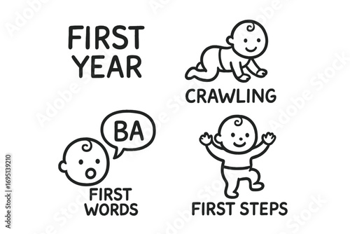 Baby's First Milestones. First year baby milestones doodle set: hand drawn icons for celebrating early childhood, crawling, first