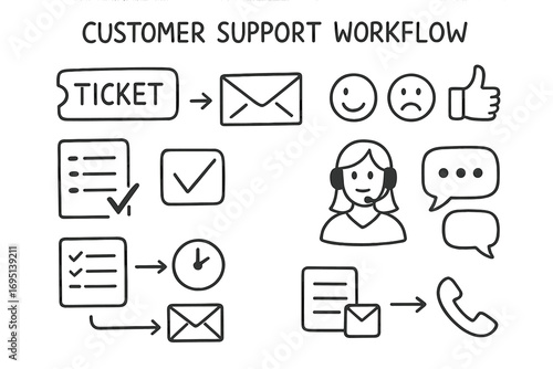Customer Support Icons. Customer support workflow doodle set: hand drawn icons for ticket systems, satisfaction ratings, live chat