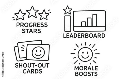 Team Motivation Doodles. Team motivation tracker doodle set: hand drawn icons for progress stars, leaderboard charts, shout-out