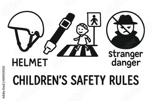 Safety Rules Doodles. Children’s safety rules doodle set: hand drawn icons for helmet, seatbelt, crosswalk, and stranger danger,