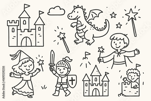 Imaginative Play Icons. Kids imaginative play doodle set: hand drawn icons for castles, dragons, magic wands, and make-believe