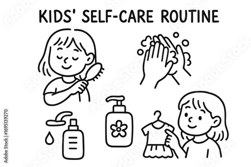 Kids Self-Care Doodles. Kids self-care routine doodle set: hand drawn icons for hair brushing, washing hands, lotion, and choosing