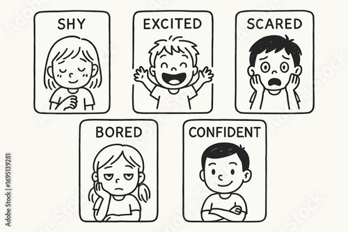 Kids' Emotion Flashcards. Kids’ feelings flashcards doodle set: hand drawn icons for shy, excited, scared, bored, and confident