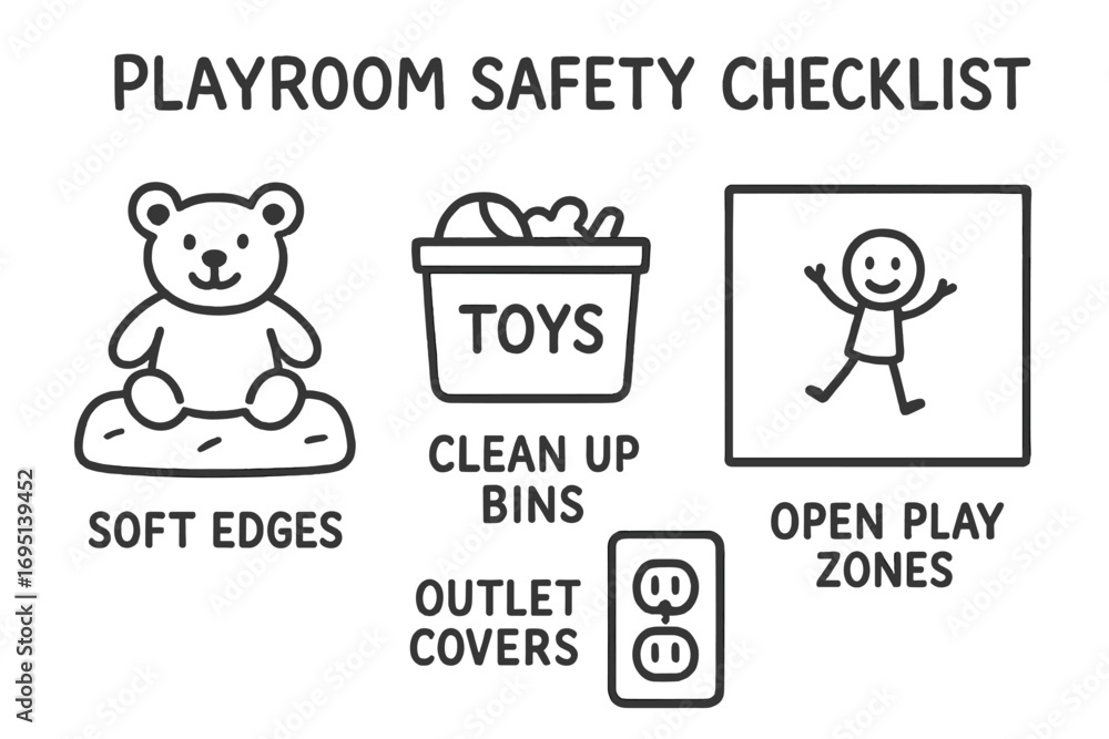 Fototapeta premium Playroom Safety Icons. Playroom safety checklist doodle set: hand drawn icons for soft edges, clean-up bins, outlet covers, and