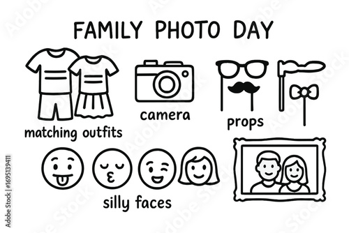 Family Photo Doodles. Family photo day doodle set: hand drawn icons for matching outfits, camera, props, silly faces, and picture