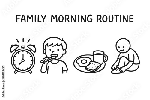 Family Morning Icons. Family morning routine icons doodle set: hand drawn icons for alarm clock, brushing teeth, breakfast, and