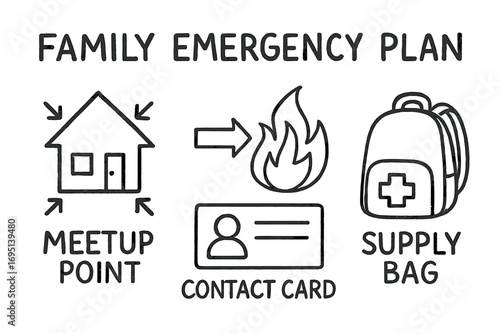 Emergency Plan Doodle. Family emergency plan doodle set: hand drawn icons for meetup point, fire drill, contact card, and supply