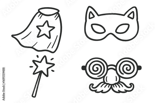 Children's Costume Doodles. Children’s costume day doodle set: hand drawn icons for superhero cape, animal mask, princess wand,
