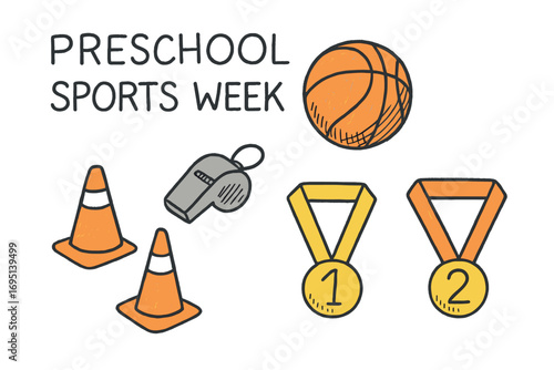 Preschool Sports Icons. Preschool sports week doodle set: hand drawn icons for mini basketball, cones, whistle, and ribbon medals,