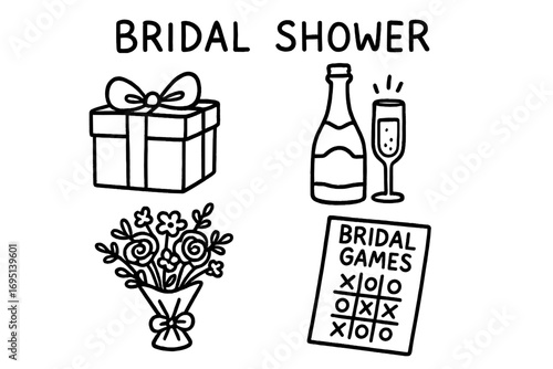 Bridal Shower Doodles. Bridal shower doodle set: hand drawn icons for gifts, champagne, flowers, and bridal games, isolated