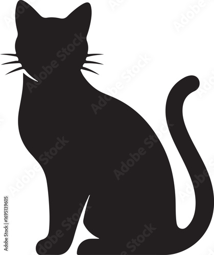 Elegant Black Cat Silhouette Sitting Gracefully with Tail Curled High A Minimalist Feline Design for Modern Decor and Pet Lovers