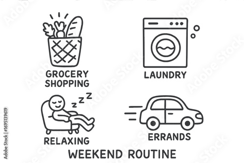 Weekend Chores Icons. Weekend routine doodle set: hand drawn icons for grocery shopping, laundry, relaxing, and errands, isolated