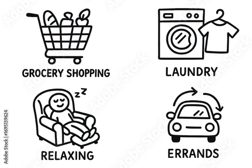 Weekend Chores Icons. Weekend routine doodle set: hand drawn icons for grocery shopping, laundry, relaxing, and errands, isolated