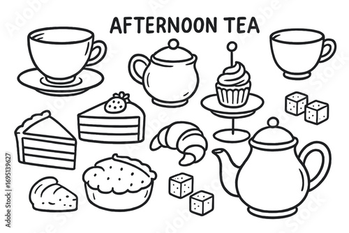 Afternoon Tea Icons. Afternoon tea doodle set: hand drawn icons for teacups, pastries, sugar cubes, and teapots, isolated