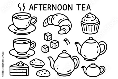 Afternoon Tea Icons. Afternoon tea doodle set: hand drawn icons for teacups, pastries, sugar cubes, and teapots, isolated