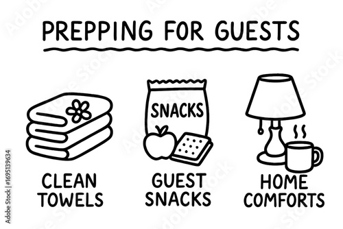 Guest Preparation Icons. Prepping for guests doodle set: hand drawn icons for clean towels, guest snacks, and home comforts,