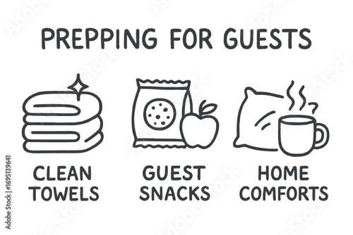 Guest Preparation Icons. Prepping for guests doodle set: hand drawn icons for clean towels, guest snacks, and home comforts,