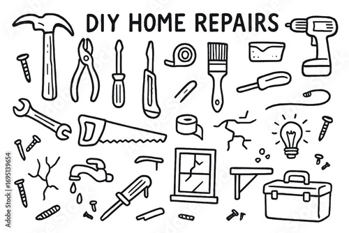 DIY Home Repair Icons. DIY home repairs doodle set: hand drawn icons for tools, minor fixes, and weekend projects, isolated