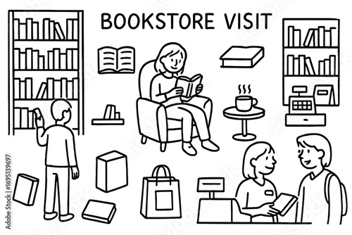 Bookstore Doodle Icons. Bookstore visit doodle set: hand drawn icons for browsing shelves, reading nooks, and checkouts, isolated