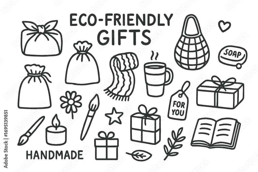Obraz premium Eco-Friendly Gift Doodles. Eco-friendly gifts doodle set: hand drawn icons for reusable wrap, handmade goods, and thoughtful items