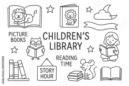 Children's Library Doodles. Children’s library doodle set: hand drawn icons for picture books, reading time, and story hour,