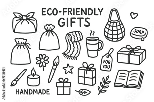 Eco-Friendly Gift Doodles. Eco-friendly gifts doodle set: hand drawn icons for reusable wrap, handmade goods, and thoughtful items