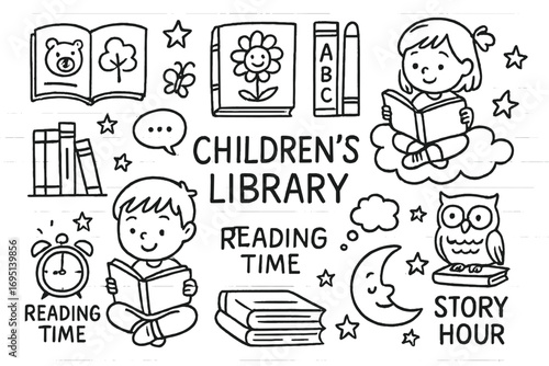 Children's Library Doodles. Children’s library doodle set: hand drawn icons for picture books, reading time, and story hour,