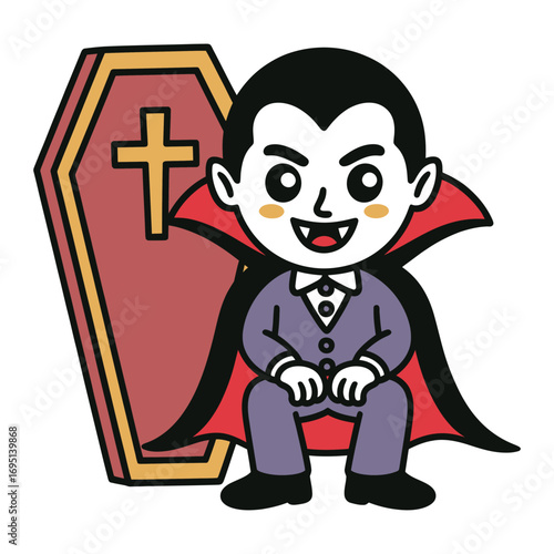 Cute cartoon vampire sitting near coffin funny halloween character wearing purple suit and red cape, smiling cheerfully